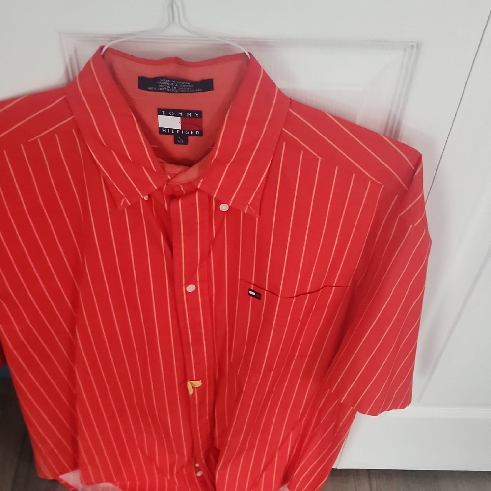 Tommy Hilfiger Men's Red and White Pinstripe Shirt Vintage Mens L